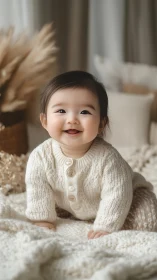 Joyful Baby in Cream Sweater on Cozy Textured Blanket