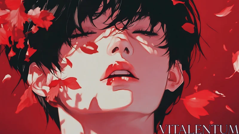 Red tonal portrait uniting soft shading and dynamic petals