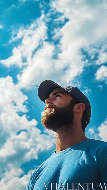 Bearded man in cap gazing upward beneath vibrant clouds.