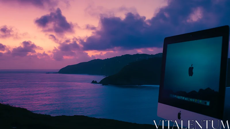 Desktop monitor against vivid coastal sunset seascape.