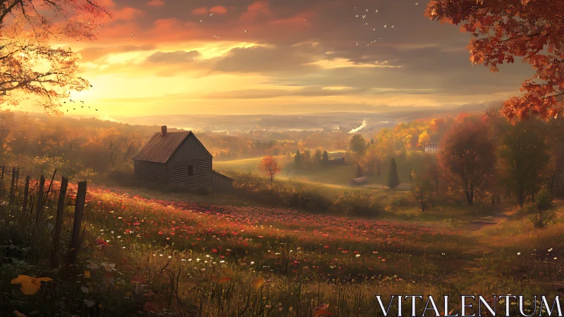 Digital painting of autumn hillside farmhouse at golden hour light.