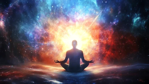 Cosmic meditative silhouette before radiant nebular singularity.