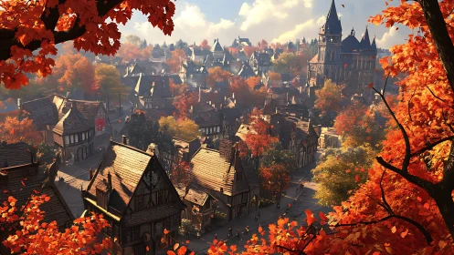 Medieval village skyline framed by luminous autumn foliage.