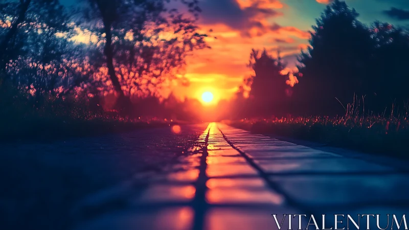 Low-angle sunset pathway captures saturated bokeh landscape