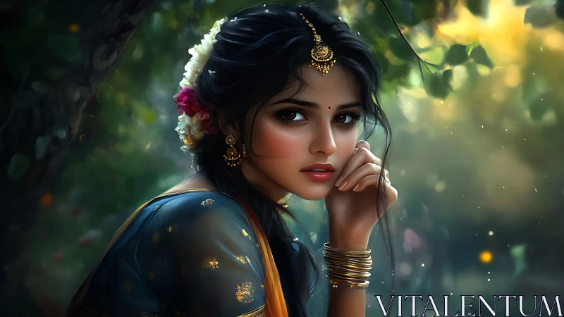 Digital portrait of contemplative woman in bokeh forest light.