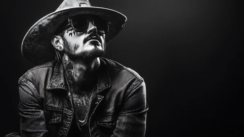 Monochrome portrait shows tattooed man in hat and jacket