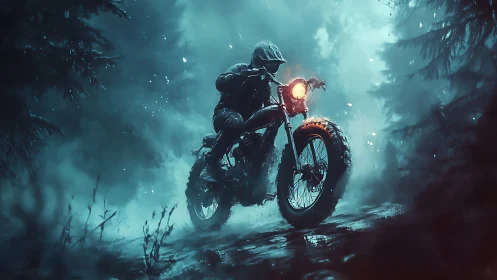 Motorcyclist riding through dense fog in forest at night.