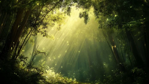 Emerald Cathedral: Sunlight Dances Through Towering Bamboo Forest.
