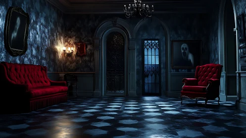 Gothic parlor interior with spectral portraits and red seating.
