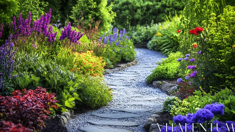 Stone garden path through dense colorful flower borders.