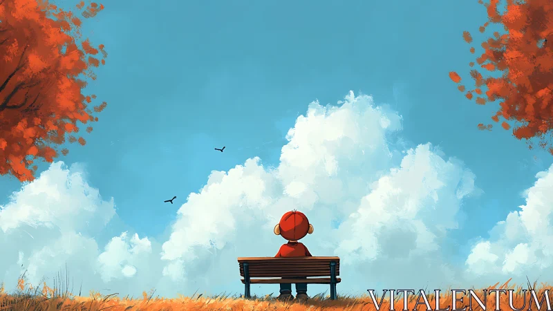 Child on bench under cumulus sky framed by autumn foliage