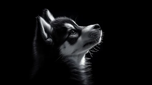 Softly lit husky puppy gazing upward with quiet wonder.