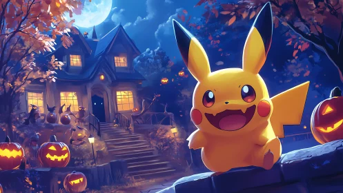 Moonlit Pikachu haunts a pumpkin-bright Halloween doorstep.
