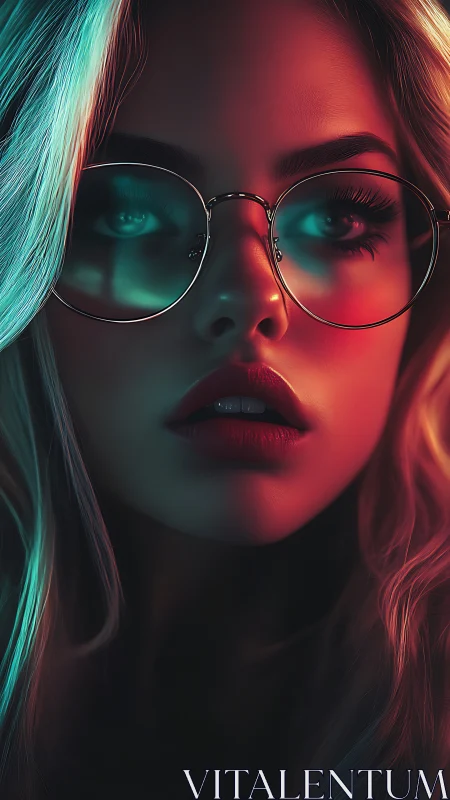 Neon-lit portrait highlights reflective round glasses and gaze.