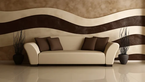 Beige sofa aligns with undulating brown and cream wall bands