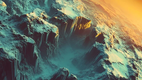 Fractal ice cliffs plunge into misty golden chasms.