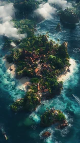 Abandoned Settlement on Tropical Island Surrounded by Ocean.