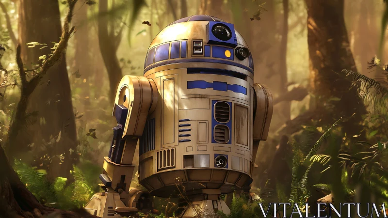 Wandering forest droid hums through shafts of alien sunlight.