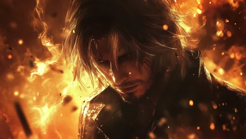 Stormlit warrior in golden flames, quietly gathering resolve.