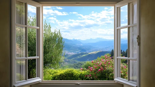 Open casement window framing layered mountain valley panorama