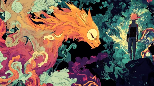 Blazing spirit fox confronts lone hero in swirling neon dusk.