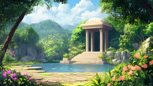 Sunlit classical pavilion overlooks tranquil forest pool