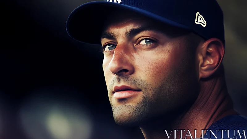 Intense stadium portrait of baseball player in navy cap.