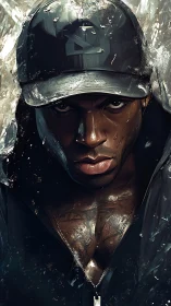 Digital portrait of hooded man in cap under shattered rain.