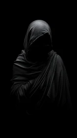 Shrouded hooded figure in deep black minimalist lighting.