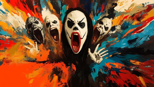 Screaming masked figures in chaotic abstract color field.