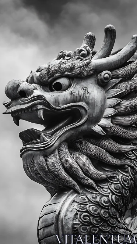 Majestic dragon sculpture rises against dramatic storm clouds.