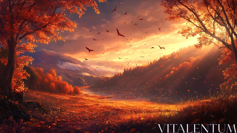 Autumn valley sunset over lake with glowing amber foliage.