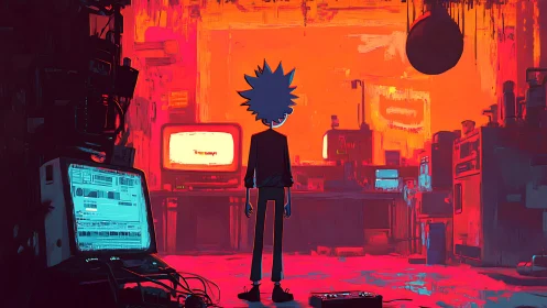 Neon-lit lone hacker in saturated retro tech workshop.