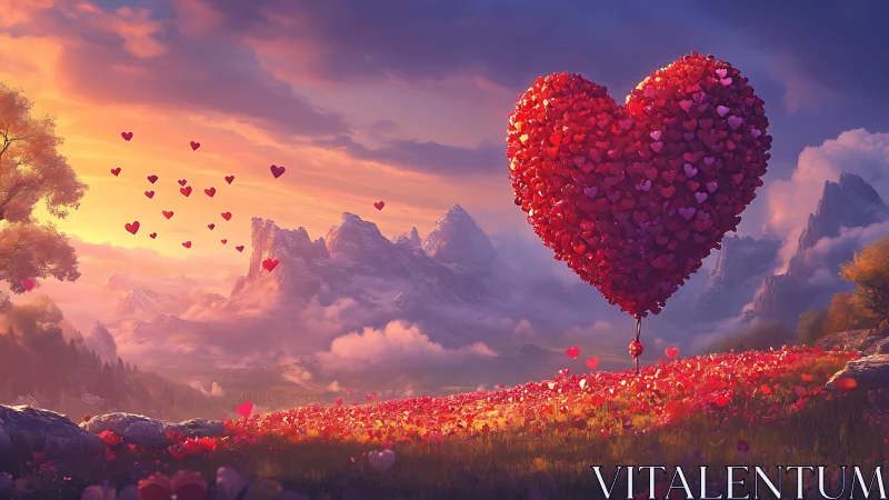 Colossal Heart Balloons Drift Through Clouds in Dreamscape Valley.