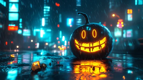 Cyberpunk neon jack o lantern on rain soaked city street