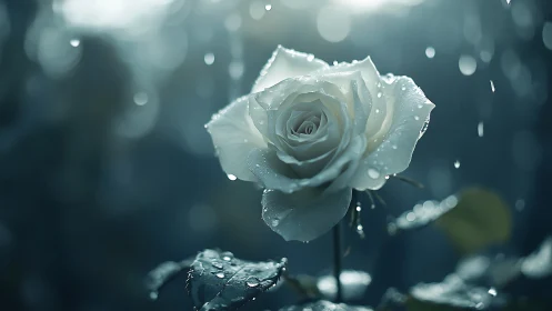 White rose in soft rainlight, glowing with quiet grace.