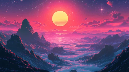 Neon alien seascape beneath oversized synthetic sun.