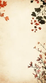 Vertical beige background with stylized botanical corner foliage.