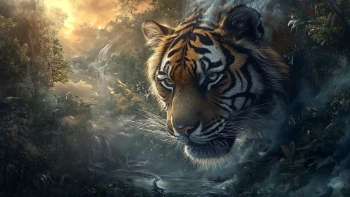 Majestic tiger spirit emerging above misty jungle ravine.