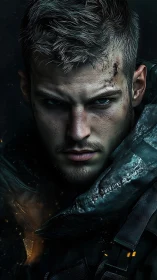 Close-up portrait shows battle-worn male subject in gear