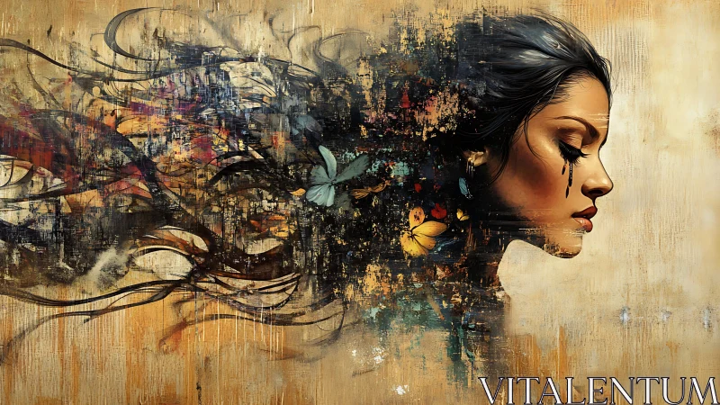 Side profile of woman merges with abstract textured fragments