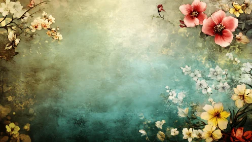 Vintage floral composition with distressed layering and atmospheric depth.