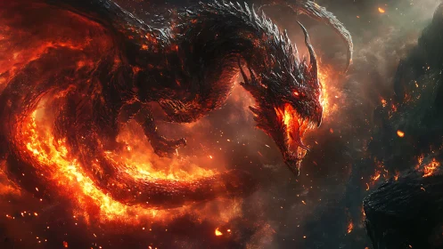 Infernal dragon erupts over volcanic chasm in blazing fury.