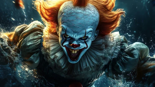 Menacing waterbound clown surges from the dark depths.