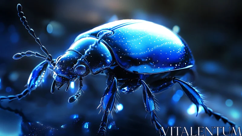 Macro-rendered iridescent beetle with specular highlights in blue
