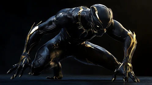 Midnight panther warrior coils in sleek obsidian armor