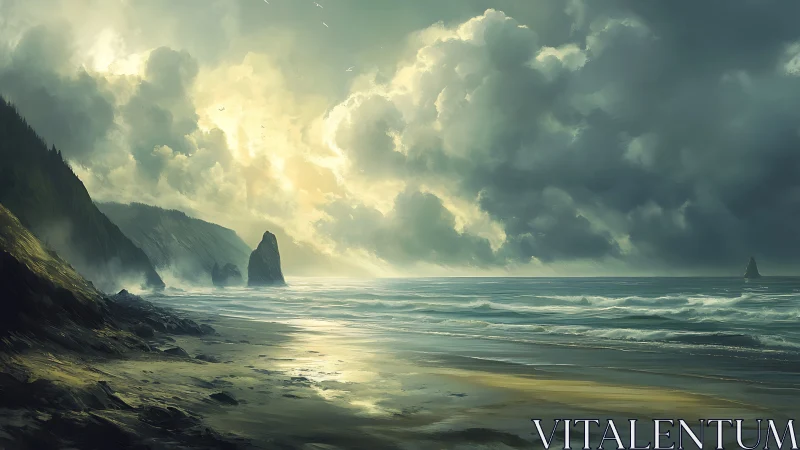 Coastal shoreline with clouds, sea stacks and breaking waves.