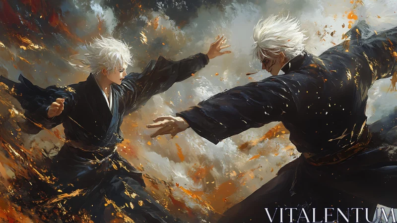 Symmetric martial duel in explosive dynamic brushwork.