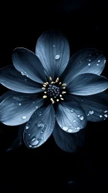 Deep Blue Cosmos Flower with Gold Stamens and Dew Droplets