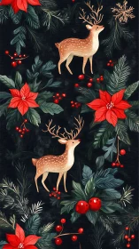 Gentle winter deer among bright poinsettias and berries.